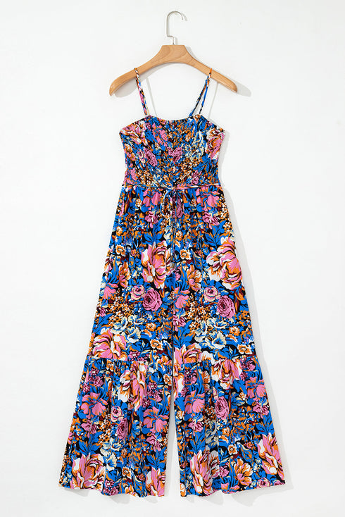 Pink Floral Smocked Bust Spaghetti Straps Wide Leg Jumpsuit